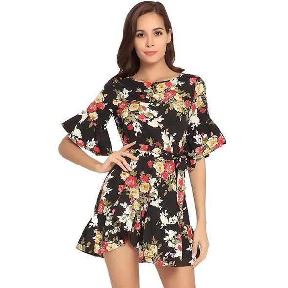 Women Summer Floral Print O Neck Casual Flare Sleeve Dresses