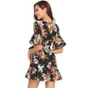 Women Summer Floral Print O Neck Casual Flare Sleeve Dresses