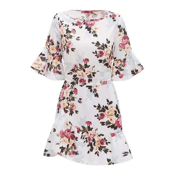 Women Summer Floral Print O Neck Casual Flare Sleeve Dresses