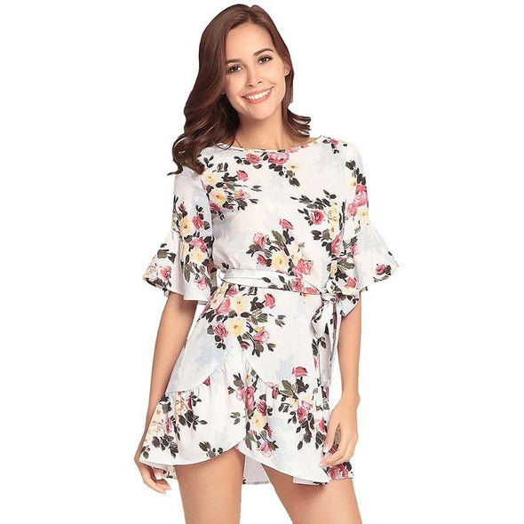 Women Summer Floral Print O Neck Casual Flare Sleeve Dresses