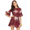 Summer Floral Print O-neck Casual Flare Sleeve Short  Women Mini Dress