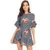 Summer Floral Print O-neck Casual Flare Sleeve Short  Women Mini Dress