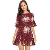 Summer Floral Print O-neck Casual Flare Sleeve Short  Women Mini Dress