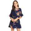 Summer Floral Print O-neck Casual Flare Sleeve Short  Women Mini Dress