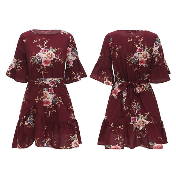 Summer Floral Print O-neck Casual Flare Sleeve Short  Women Mini Dress