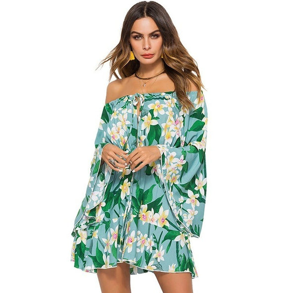 Women Summer Floral Print Mini Sexy Long Sleeve Party  Dresses