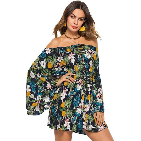 Women Summer Floral Print Mini Sexy Long Sleeve Party  Dresses