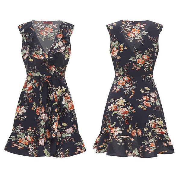 Sexy Deep V Neck Floral Print Tank Casual Mini Dresses