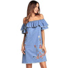 Women Denim Casual Embroidery Folral Print Summer Mini Dress