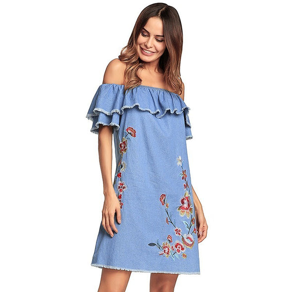 Women Denim Casual Embroidery Folral Print Summer Mini Dress