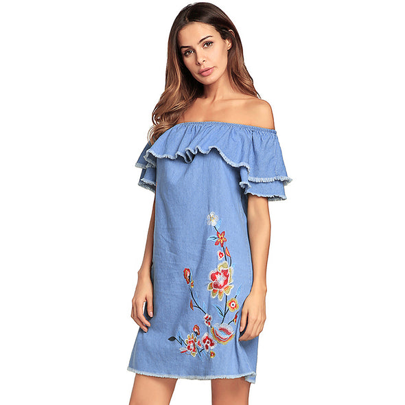 Women Denim Casual Embroidery Folral Print Summer Mini Dress