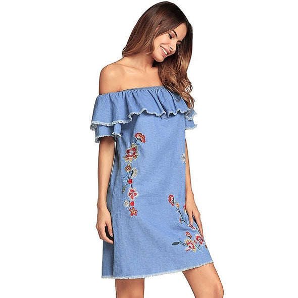 Women Denim Casual Embroidery Folral Print Summer Mini Dress