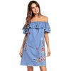 Women Denim Casual Embroidery Folral Print Summer Mini Dress