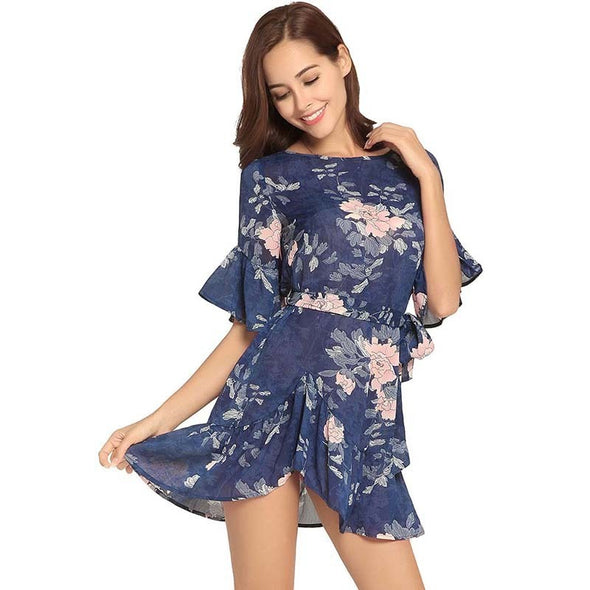 Women Summer Floral Print O Neck Casual Short Flare Sleeve Dresses