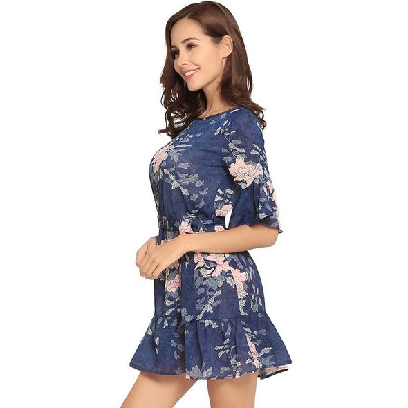 Women Summer Floral Print O Neck Casual Short Flare Sleeve Dresses