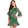 Women Summer Floral Print O Neck Casual Short Flare Sleeve Dresses