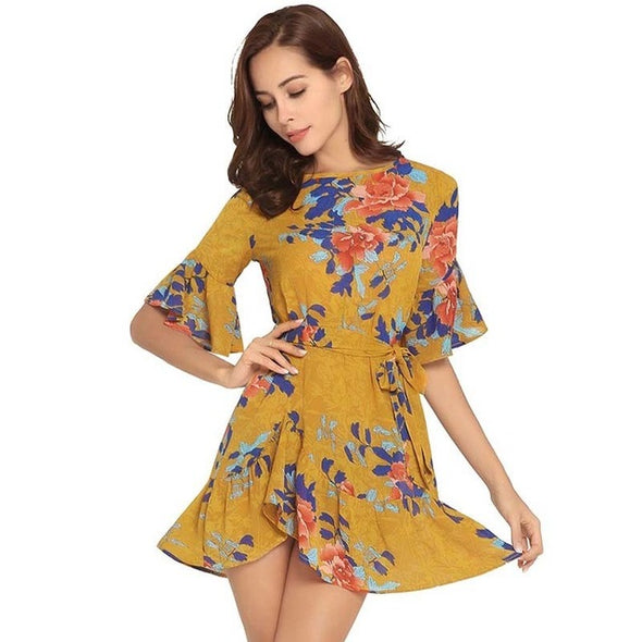 Women Summer Floral Print O Neck Casual Short Flare Sleeve Dresses