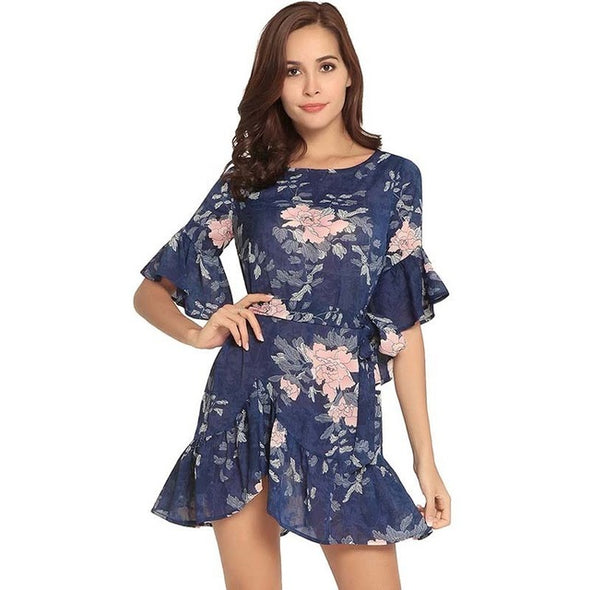 Women Summer Floral Print O Neck Casual Short Flare Sleeve Dresses