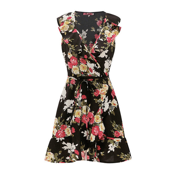 Sexy Deep V Neck Floral Print Sleeveless Tank Summer  Mini Dresses