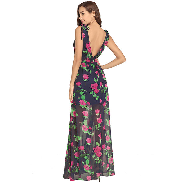 Boho Chiffon Floral Print Tank Backless V Neck Maxi Dress