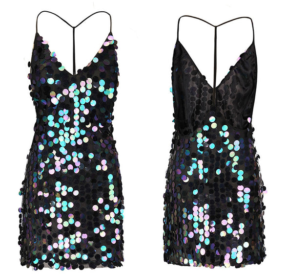 New sexy deep V open back strap sequin dress