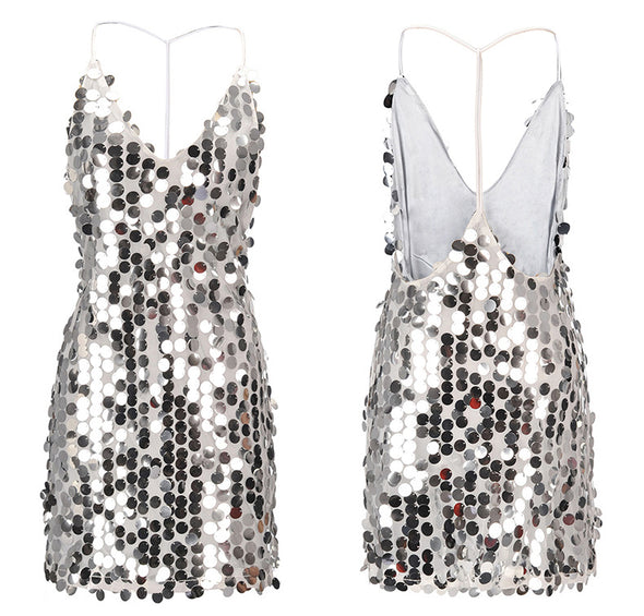 New sexy deep V open back strap sequin dress