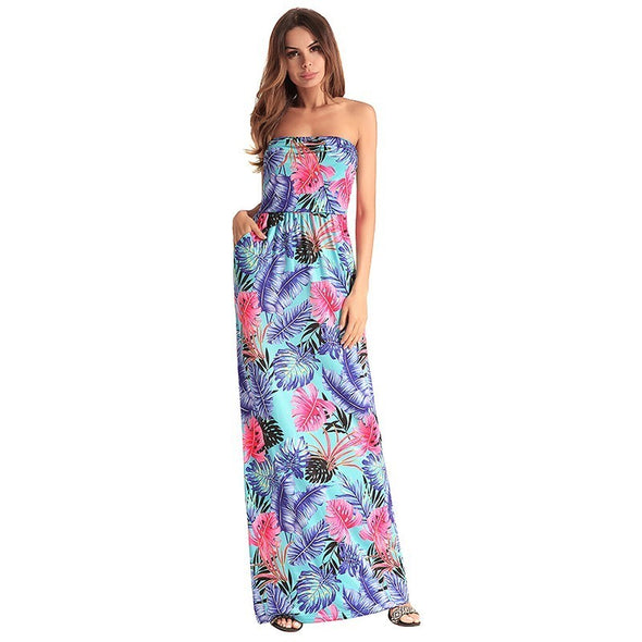 2022 Summer women Sexy Floral Print Strapless Beach Dress