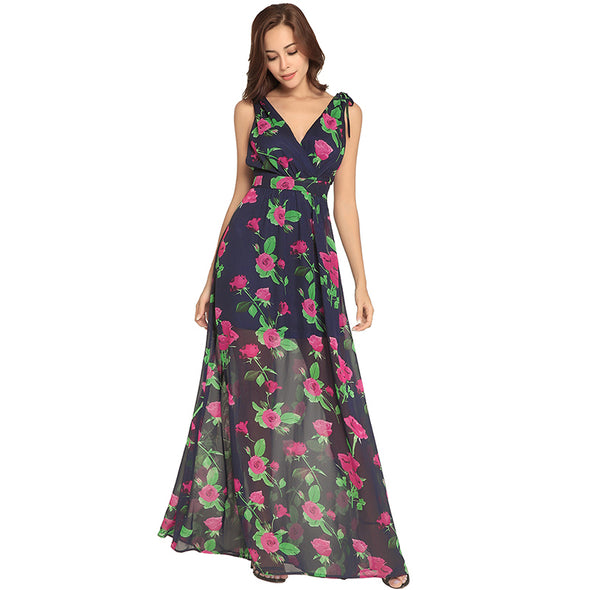 Boho Chiffon Floral Print Tank Backless V Neck Maxi Dress