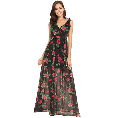 Boho Chiffon Floral Print Tank Backless V Neck Maxi Dress