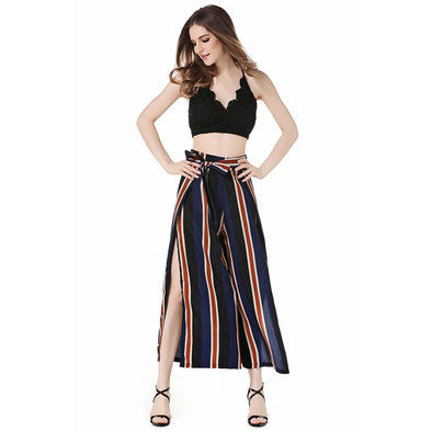 Women Cotton Spandex Loose Chiffon Stripe Pants