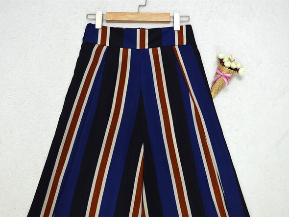 Women Cotton Spandex Loose Chiffon Stripe Pants