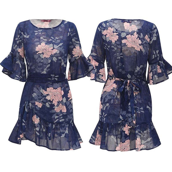 Women Summer Floral Print O Neck Casual Short Flare Sleeve Dresses