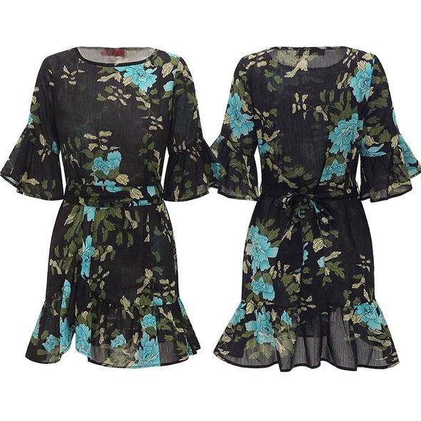 Women Summer Floral Print O Neck Casual Short Flare Sleeve Dresses