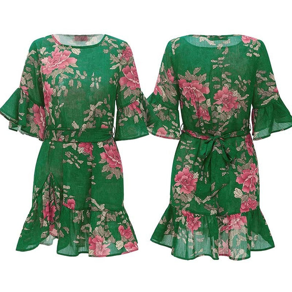 Women Summer Floral Print O Neck Casual Short Flare Sleeve Dresses