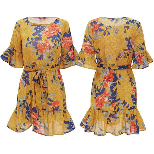 Women Summer Floral Print O Neck Casual Short Flare Sleeve Dresses