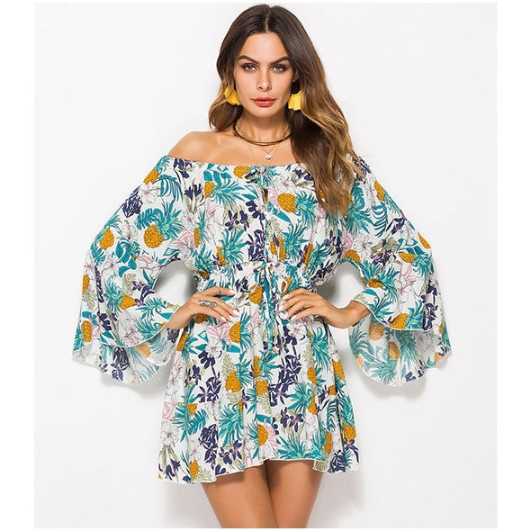 Women Summer Floral Print Mini Sexy Long Sleeve Party  Dresses