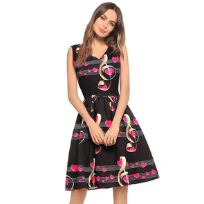 Women's Vintage Musical Note Print Patchwork V Neck  Party Dress