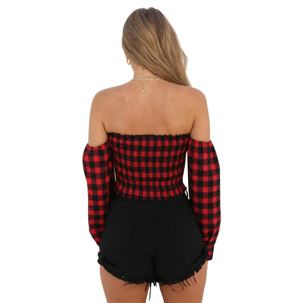 Women Summer  Plaid Long Sleeve Off Shoulder Top