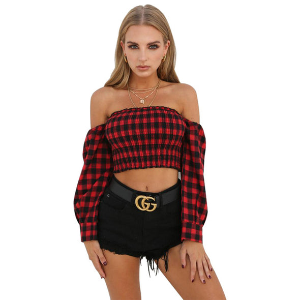 Women Summer  Plaid Long Sleeve Off Shoulder Top