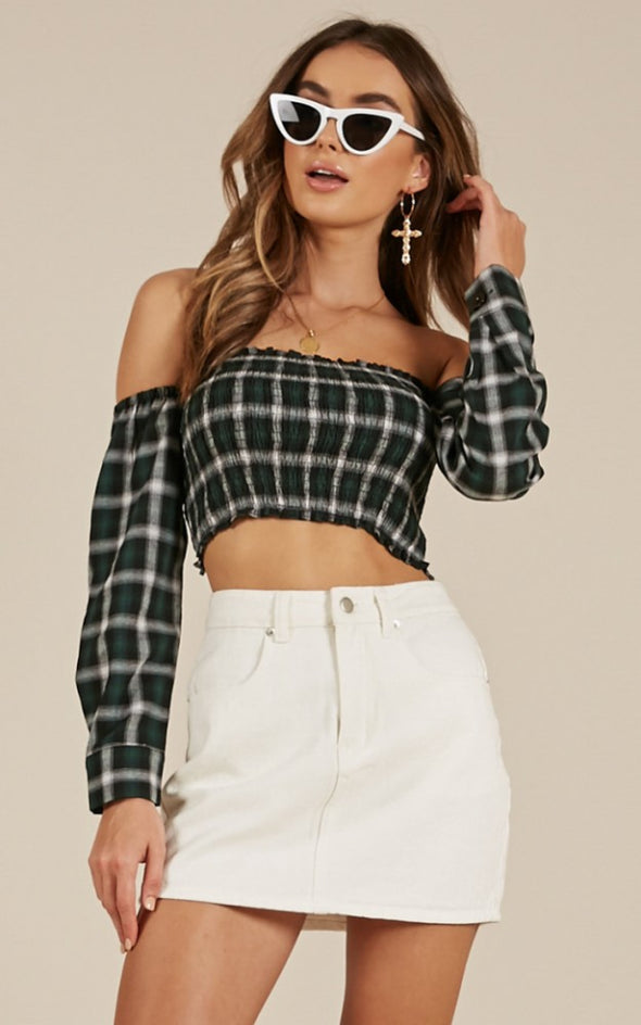 Women Summer  Plaid Long Sleeve Off Shoulder Top