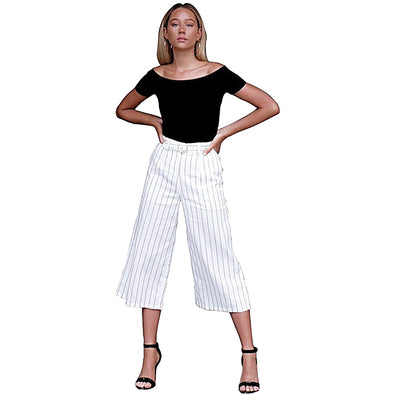 Women casual loose blue striped wide leg pants