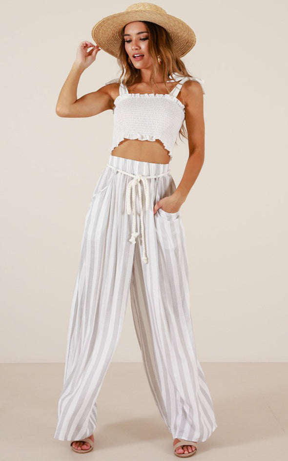 Sexy Striped High Waist Women Pants Casual  Wide Leg Pants Elastic Pockets