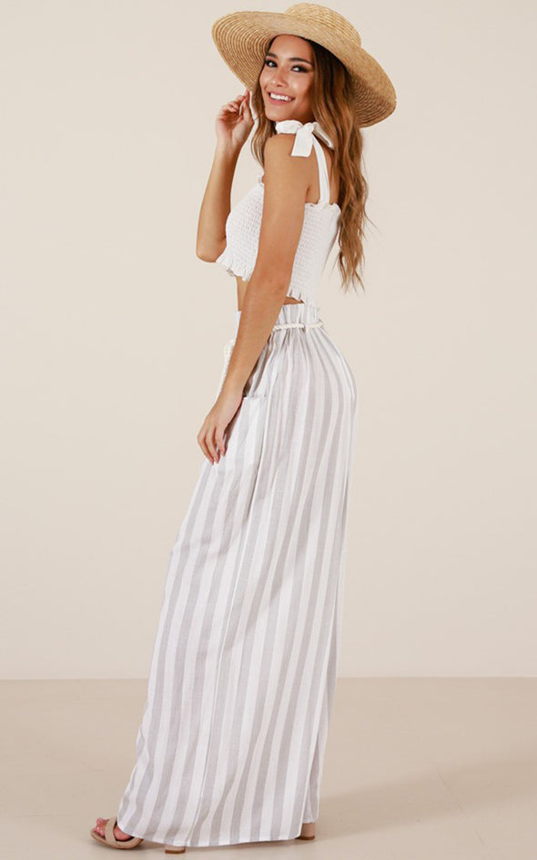 Sexy Striped High Waist Women Pants Casual  Wide Leg Pants Elastic Pockets