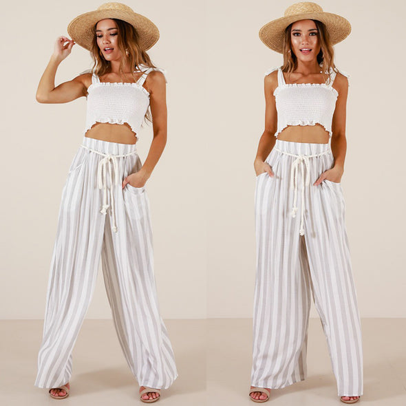 Sexy Striped High Waist Women Pants Casual  Wide Leg Pants Elastic Pockets