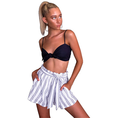 Women Summer Striped  Mid Elastic Waist Casual Short