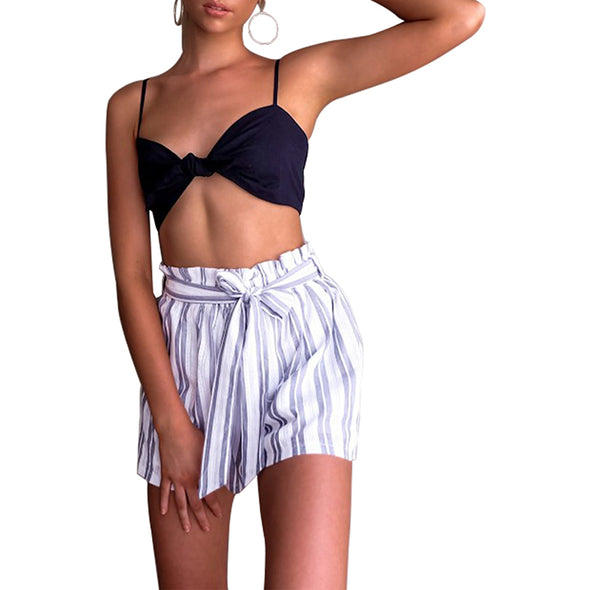 Women Summer Striped  Mid Elastic Waist Casual Short