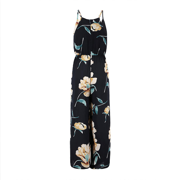 Women summer long  floral print pattern dark blue rompers straight halter jumpsuit