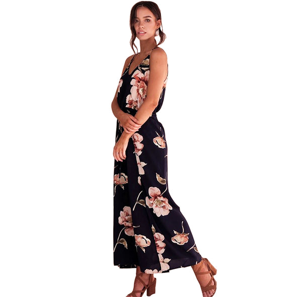 Women summer long  floral print pattern dark blue rompers straight halter jumpsuit