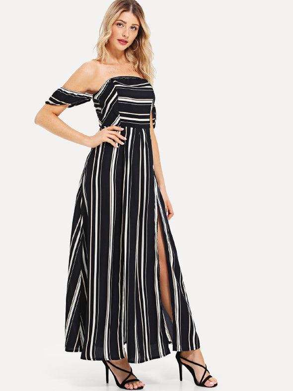 Polyester Sexy Striped Rushed Tube Top Strapless Irregular Long Fund Dress