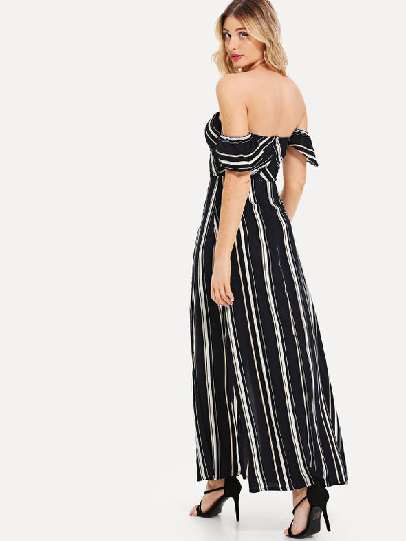 Polyester Sexy Striped Rushed Tube Top Strapless Irregular Long Fund Dress